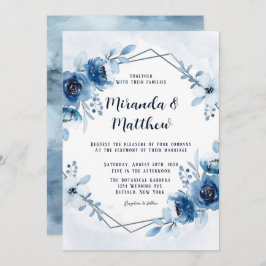 Dusty Blue en Navy Waterverf Peonies Wedding Inv Kaart