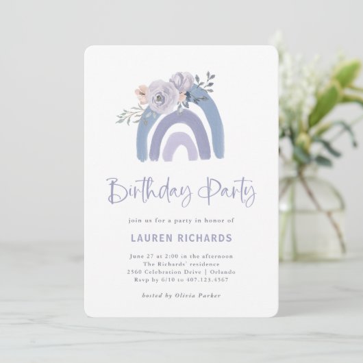 Dusty Blue en Paarse Boho Rainbow Birthday Party Kaart (Staand voorkant)