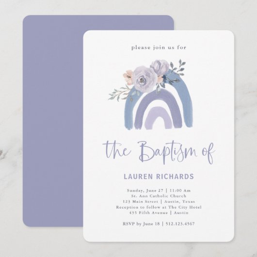 Dusty Blue en Paarse Boho | Regenboogbaptisme Kaart (Voorkant / Achterkant)