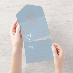 Dusty Blue en Peach Alles in een bruiloft uitnodig All In One Uitnodiging