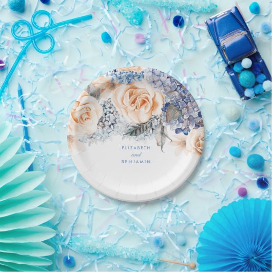 Dusty Blue en Peach Bloemen Elegante bruiloft Papieren Bordje (Feest)