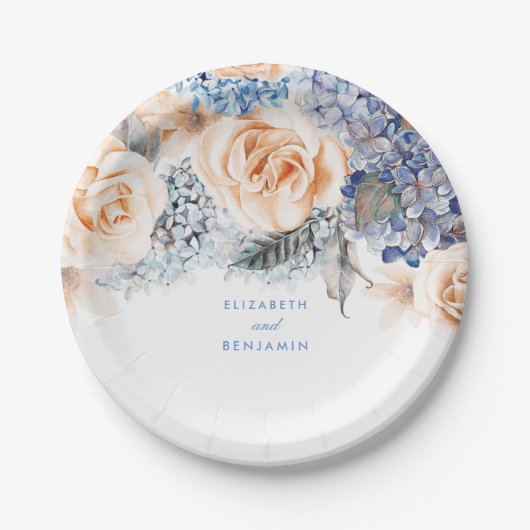 Dusty Blue en Peach Bloemen Elegante bruiloft Papieren Bordje (Voorkant)