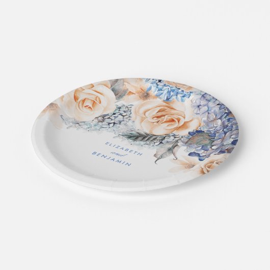 Dusty Blue en Peach Bloemen Elegante bruiloft Papieren Bordje (Gekanteld)