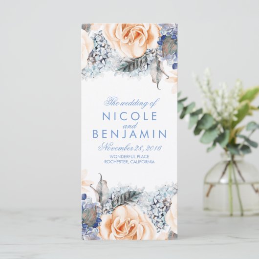 Dusty Blue en Peach Bloemen Wedding Programma's (Staand voorkant)