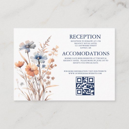 Dusty Blue en Peach Boho Wildflower QR-code Informatiekaartje (Achterkant)