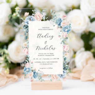 Dusty Blue en Peach Elegant Bloemen Huwelijk Acryl Uitnodigingen