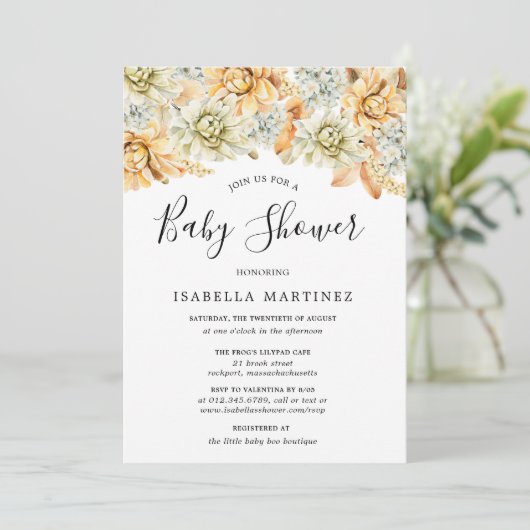 Dusty Blue en Peach Herfst Floral Baby shower Kaart (Staand voorkant)