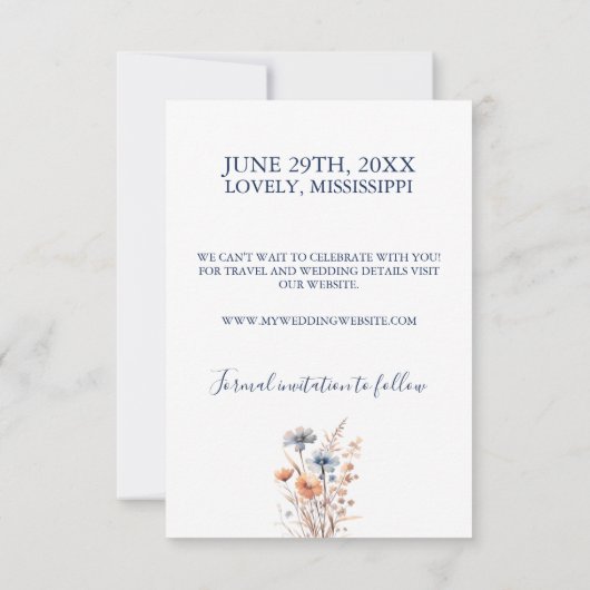 Dusty Blue en Peach Wildflowers Sla de datum op Save The Date (Achterkant)