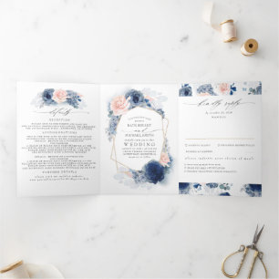 Dusty Blue en Pink Floral Botanical Wedding Drieluik Uitnodiging