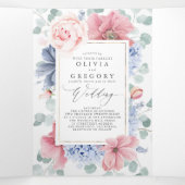 Dusty Blue en Pink Floral Botanical Wedding Drieluik Uitnodiging (Binnenkant midden)
