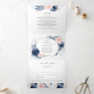 Dusty Blue en Pink Floral Botanical Wedding Drieluik Uitnodiging