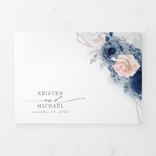 Dusty Blue en Pink Floral Botanical Wedding Drieluik Uitnodiging (Cover)