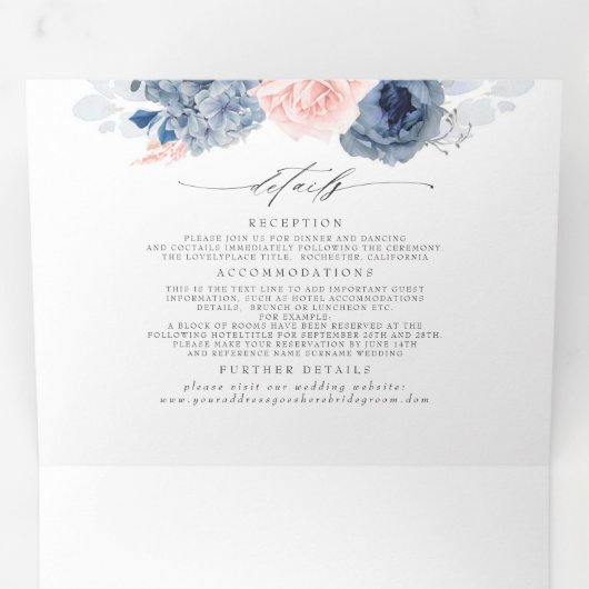 Dusty Blue en Pink Floral Botanical Wedding Drieluik Uitnodiging (Binnenzijde eerst)