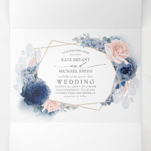 Dusty Blue en Pink Floral Botanical Wedding Drieluik Uitnodiging (Binnenkant midden)