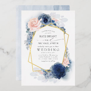 Dusty Blue en Pink Floral Botanical Wedding Folie Uitnodiging