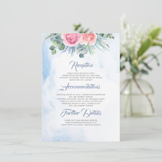 Dusty Blue en Pink Floral bruiloft informatie Informatiekaartje (Staand voorkant)