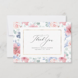 Dusty Blue en Pink Floral Elegant Small Hartelijk Bedankkaart