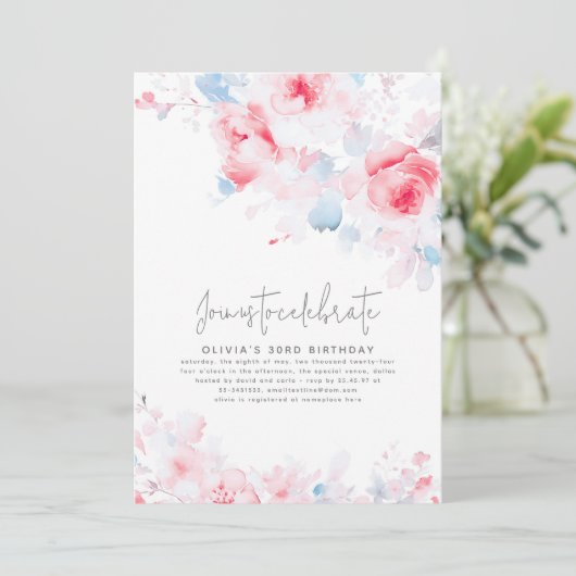 Dusty Blue en Pink Floral Elegant Verjaardag Kaart (Staand voorkant)