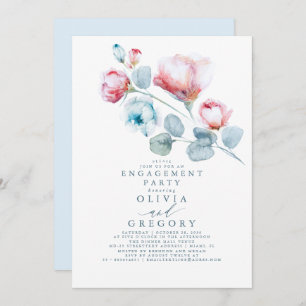 Dusty Blue en Pink Floral Engagement Party Kaart