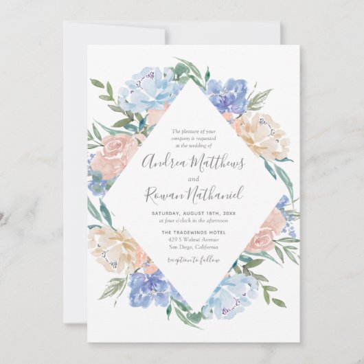 Dusty Blue en Pink Floral Lijst Wedding Invite Save The Date (Voorkant)