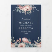 Dusty Blue en Pink Floral Navy QR Code Weddenschap Drieluik Uitnodiging (Cover)