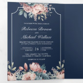Dusty Blue en Pink Floral Navy QR Code Weddenschap Drieluik Uitnodiging (Binnenzijde eerst)