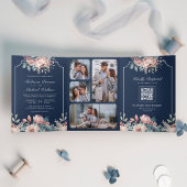 Dusty Blue en Pink Floral Navy QR Code Weddenschap Drieluik Uitnodiging
