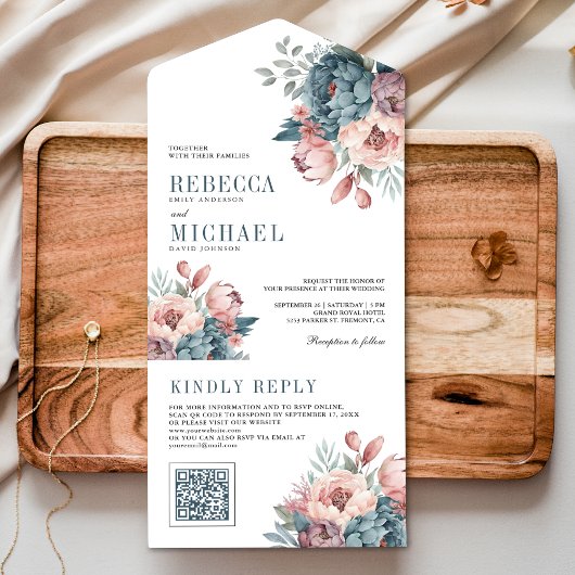 Dusty Blue en Pink Floral QR Code Weddenschap All In One Uitnodiging