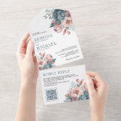 Dusty Blue en Pink Floral QR Code Weddenschap All In One Uitnodiging (Afscheurbaar)
