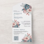 Dusty Blue en Pink Floral QR Code Weddenschap All In One Uitnodiging (Binnen)