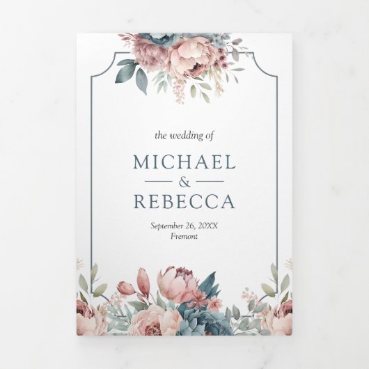 Dusty Blue en Pink Floral QR Code Weddenschap Drieluik Uitnodiging (Cover)