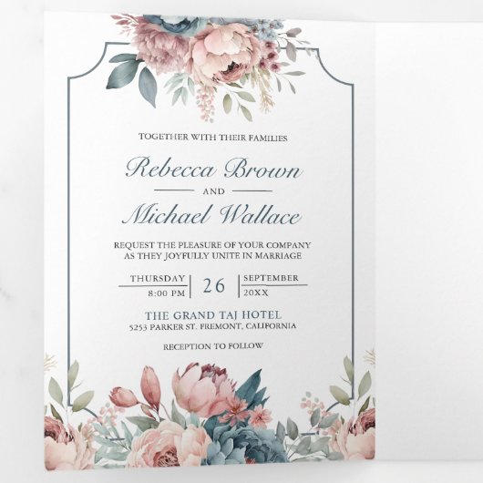 Dusty Blue en Pink Floral QR Code Weddenschap Drieluik Uitnodiging (Binnenzijde eerst)