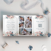 Dusty Blue en Pink Floral QR Code Weddenschap Drieluik Uitnodiging