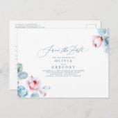 Dusty Blue en Pink Floral Save the Date Aankondigingskaart (Voorkant / Achterkant)