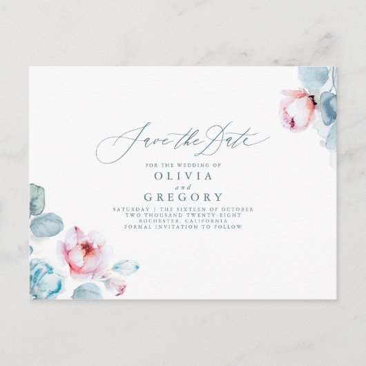 Dusty Blue en Pink Floral Save the Date Aankondigingskaart (Voorkant)