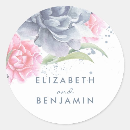 Dusty Blue en Pink Floral Waterverven Ronde Sticker (Voorkant)