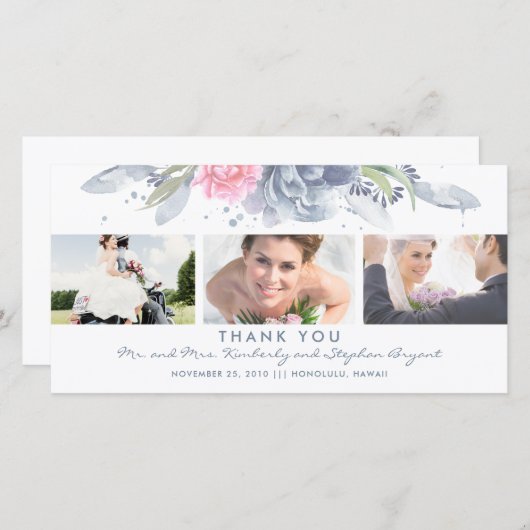 Dusty Blue en Pink Floral Weddenschap Bedankt (Voorkant / Achterkant)