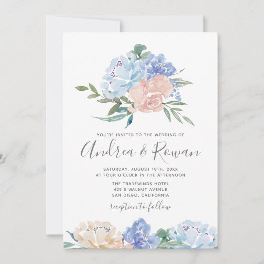 Dusty Blue en Pink Floral Wedding Invitations Save The Date (Voorkant)