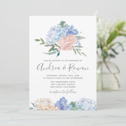 Dusty Blue en Pink Floral Wedding Invitations Save The Date (Staand voorkant)
