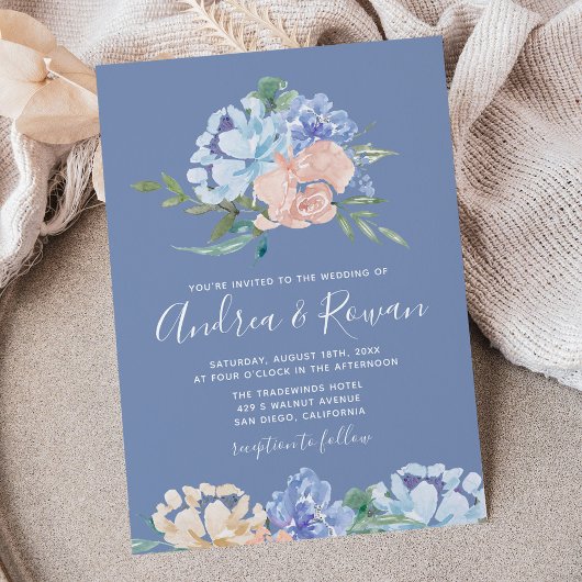 Dusty Blue en Pink Floral Wedding Invitations Save The Date