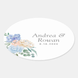 Dusty Blue en Pink Floral Wedding Ovale Sticker