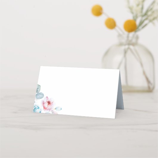 Dusty Blue en Pink Floral Wedding Place Card Plaatskaartje (Voorkant)