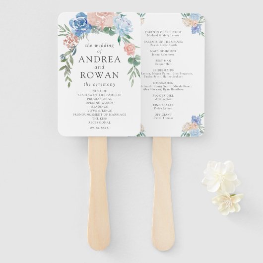 Dusty Blue en Pink Floral Wedding Programme Handje Handwaaier (Voorkant en achterkant)