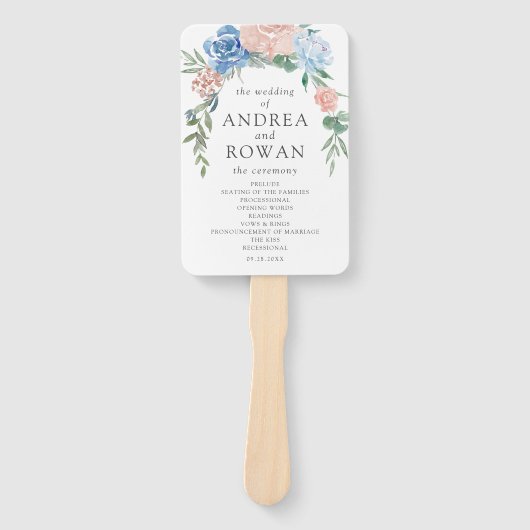 Dusty Blue en Pink Floral Wedding Programme Handje Handwaaier (Voorkant)