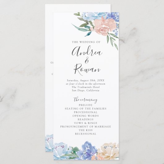 Dusty Blue en Pink Floral Wedding Programme Programmakaart (Voorkant / Achterkant)