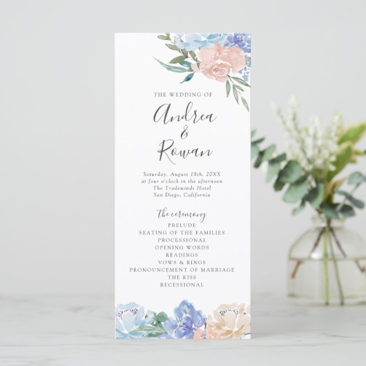 Dusty Blue en Pink Floral Wedding Programme Programmakaart (Staand voorkant)