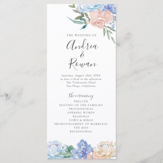 Dusty Blue en Pink Floral Wedding Programme Programmakaart (Voorkant)