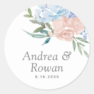 Dusty Blue en Pink Floral Wedding Ronde Sticker