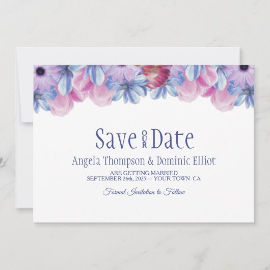 Dusty Blue en Pink Floral Wedding Save the Date (Voorkant)