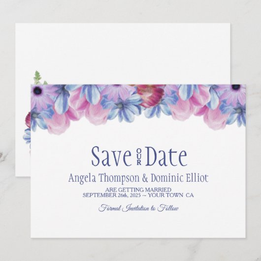 Dusty Blue en Pink Floral Wedding Save the Date (Voorkant / Achterkant)